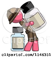 Poster, Art Print Of Pink Explorer Ranger Man Holding Large White Medicine Bottle With Bottle In Background