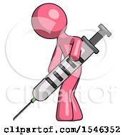 Poster, Art Print Of Pink Design Mascot Man Using Syringe Giving Injection