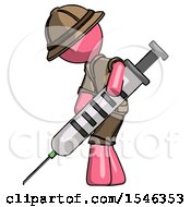 Poster, Art Print Of Pink Explorer Ranger Man Using Syringe Giving Injection