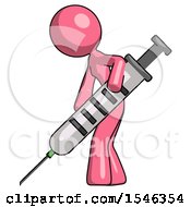 Poster, Art Print Of Pink Design Mascot Woman Using Syringe Giving Injection