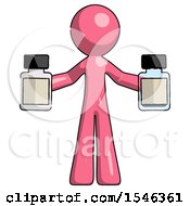 Pink Design Mascot Man Holding Two Medicine Bottles