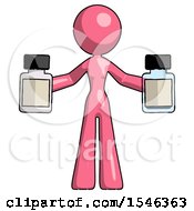 Pink Design Mascot Woman Holding Two Medicine Bottles