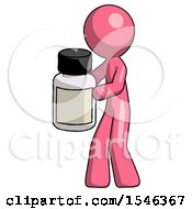 Pink Design Mascot Man Holding White Medicine Bottle