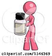 Pink Design Mascot Woman Holding White Medicine Bottle
