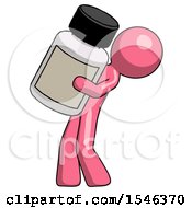 Pink Design Mascot Man Holding Large White Medicine Bottle
