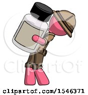Poster, Art Print Of Pink Explorer Ranger Man Holding Large White Medicine Bottle