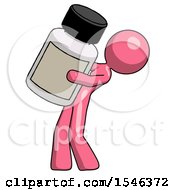 Pink Design Mascot Woman Holding Large White Medicine Bottle