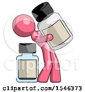 Pink Design Mascot Man Holding Large White Medicine Bottle With Bottle In Background