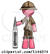 Poster, Art Print Of Pink Explorer Ranger Man Standing With Large Thermometer