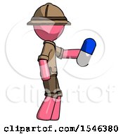 Poster, Art Print Of Pink Explorer Ranger Man Holding Blue Pill Walking To Right
