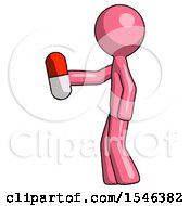 Poster, Art Print Of Pink Design Mascot Man Holding Red Pill Walking To Left