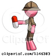 Poster, Art Print Of Pink Explorer Ranger Man Holding Red Pill Walking To Left