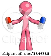 Pink Design Mascot Man Holding A Red Pill And Blue Pill