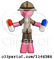 Poster, Art Print Of Pink Explorer Ranger Man Holding A Red Pill And Blue Pill