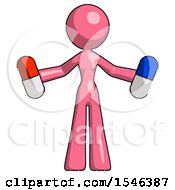 Poster, Art Print Of Pink Design Mascot Woman Holding A Red Pill And Blue Pill
