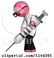 Poster, Art Print Of Pink Doctor Scientist Man Using Syringe Giving Injection