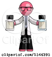 Pink Doctor Scientist Man Holding Two Medicine Bottles