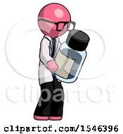 Pink Doctor Scientist Man Holding Glass Medicine Bottle