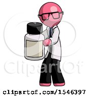 Pink Doctor Scientist Man Holding White Medicine Bottle