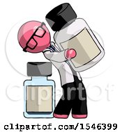 Pink Doctor Scientist Man Holding Large White Medicine Bottle With Bottle In Background