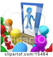 Surprised Blue Person Standing At An Open Door With A Welcome Mat Looking Out At A Crowd Of Welcome But Unsuspected Visitors Clipart Illustration Image by 3poD #COLLC15464-0033
