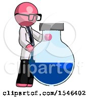 Poster, Art Print Of Pink Doctor Scientist Man Standing Beside Large Round Flask Or Beaker