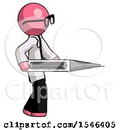 Poster, Art Print Of Pink Doctor Scientist Man Walking With Large Thermometer
