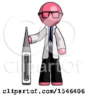 Poster, Art Print Of Pink Doctor Scientist Man Standing With Large Thermometer