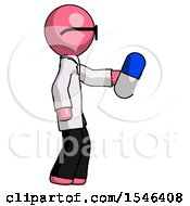 Poster, Art Print Of Pink Doctor Scientist Man Holding Blue Pill Walking To Right