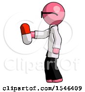 Poster, Art Print Of Pink Doctor Scientist Man Holding Red Pill Walking To Left
