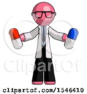 Pink Doctor Scientist Man Holding A Red Pill And Blue Pill