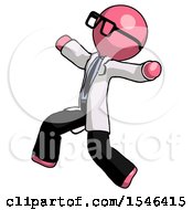 Poster, Art Print Of Pink Doctor Scientist Man Running Away In Hysterical Panic Direction Left