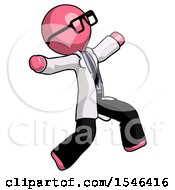 Poster, Art Print Of Pink Doctor Scientist Man Running Away In Hysterical Panic Direction Right