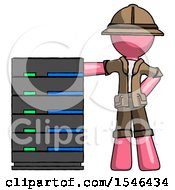Poster, Art Print Of Pink Explorer Ranger Man With Server Rack Leaning Confidently Against It