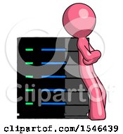 Poster, Art Print Of Pink Design Mascot Man Resting Against Server Rack Viewed At Angle