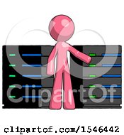Poster, Art Print Of Pink Design Mascot Man With Server Racks In Front Of Two Networked Systems