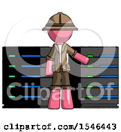 Poster, Art Print Of Pink Explorer Ranger Man With Server Racks In Front Of Two Networked Systems
