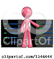 Poster, Art Print Of Pink Design Mascot Woman With Server Racks In Front Of Two Networked Systems