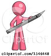 Pink Design Mascot Man Holding Large Scalpel
