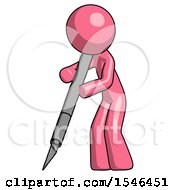 Pink Design Mascot Man Cutting With Large Scalpel