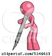 Pink Design Mascot Woman Cutting With Large Scalpel