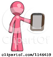 Poster, Art Print Of Pink Design Mascot Man Showing Clipboard To Viewer