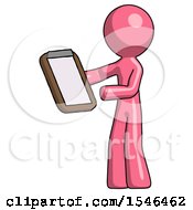 Poster, Art Print Of Pink Design Mascot Man Reviewing Stuff On Clipboard