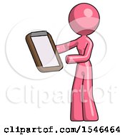 Pink Design Mascot Woman Reviewing Stuff On Clipboard