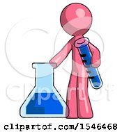 Pink Design Mascot Man Holding Test Tube Beside Beaker Or Flask