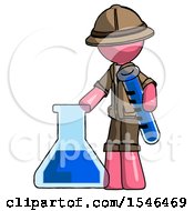 Poster, Art Print Of Pink Explorer Ranger Man Holding Test Tube Beside Beaker Or Flask