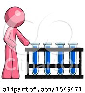 Pink Design Mascot Man Using Test Tubes Or Vials On Rack