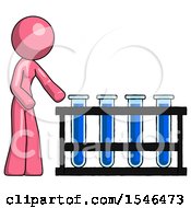 Pink Design Mascot Woman Using Test Tubes Or Vials On Rack