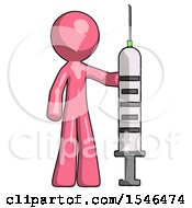 Pink Design Mascot Man Holding Large Syringe
