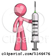 Pink Design Mascot Woman Holding Large Syringe